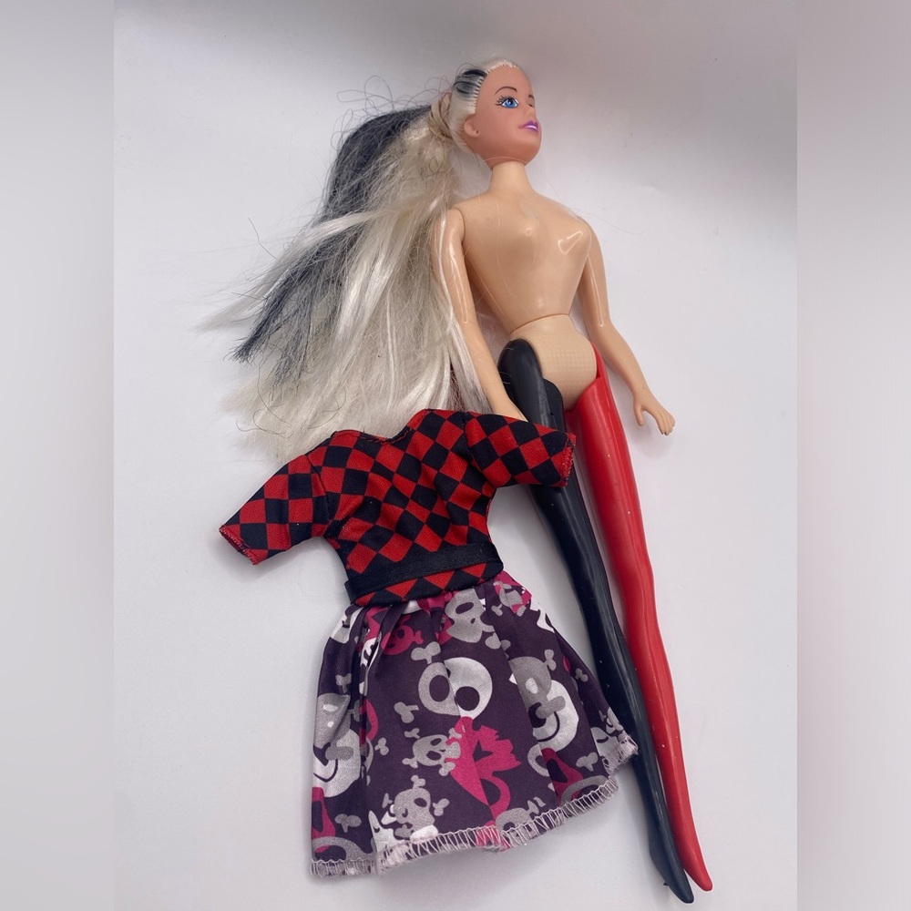 Fashion Doll with‎ Red and Black Outfit Hair Split Dyed Punk Gothic Skull - Picture 9 of 10